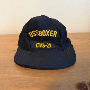 Vintage USS Boxer CVS-21 Navy Blue Snapback Hat Made in USA Military Cap OSFM